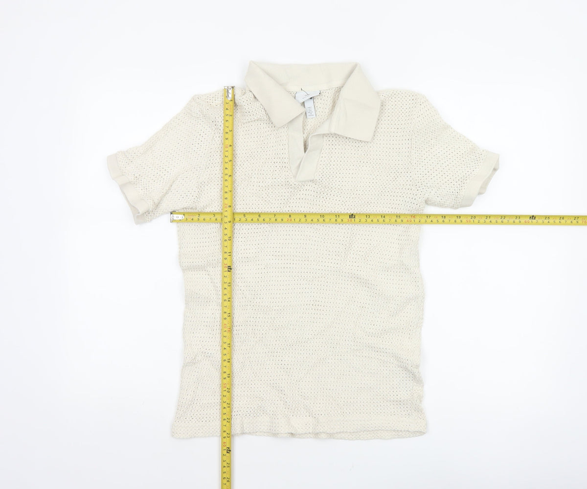 H&M Women Ivory Size 8 Regular Fit Knit Cotton Short Sleeve Polo Top