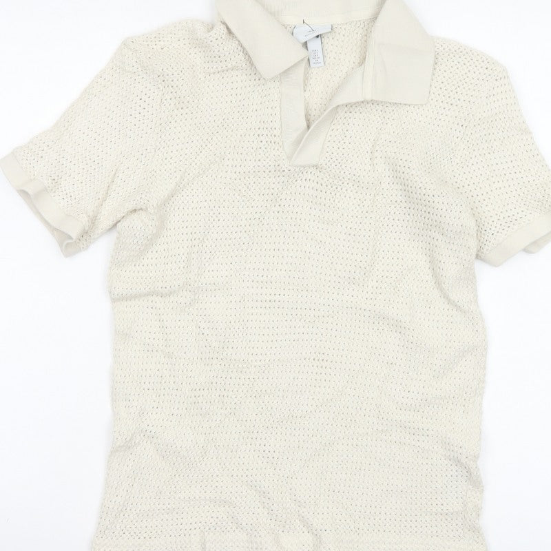 H&M Women Ivory Size 8 Regular Fit Knit Cotton Short Sleeve Polo Top