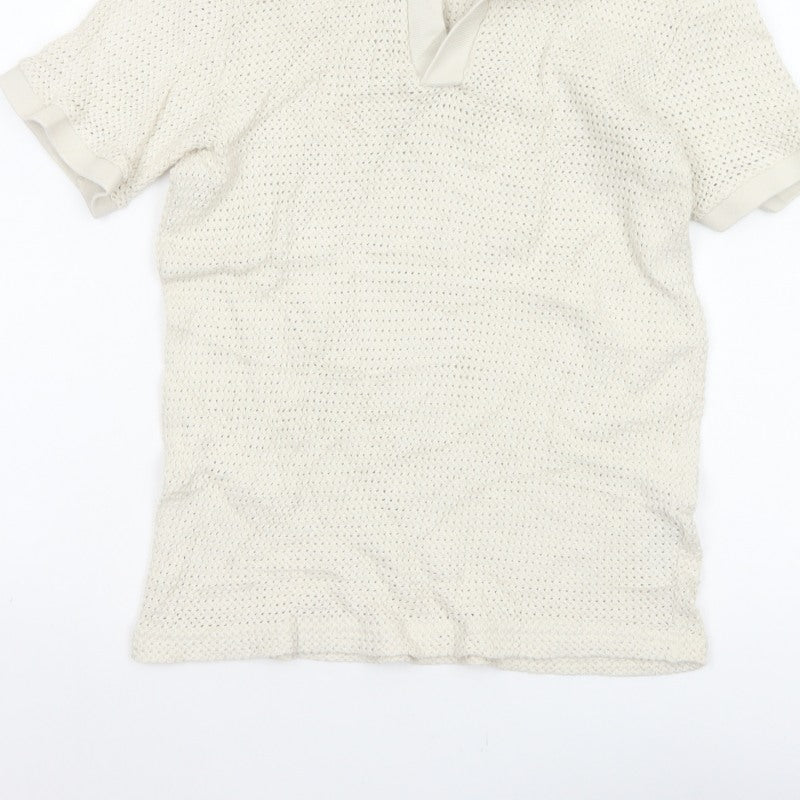 H&M Women Ivory Size 8 Regular Fit Knit Cotton Short Sleeve Polo Top