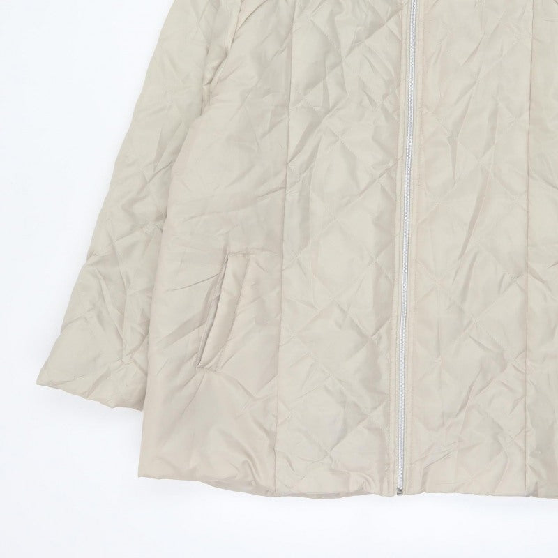 Anne De Lancay Women's Beige L Quilted Puffer Hooded Faux Fur Coat