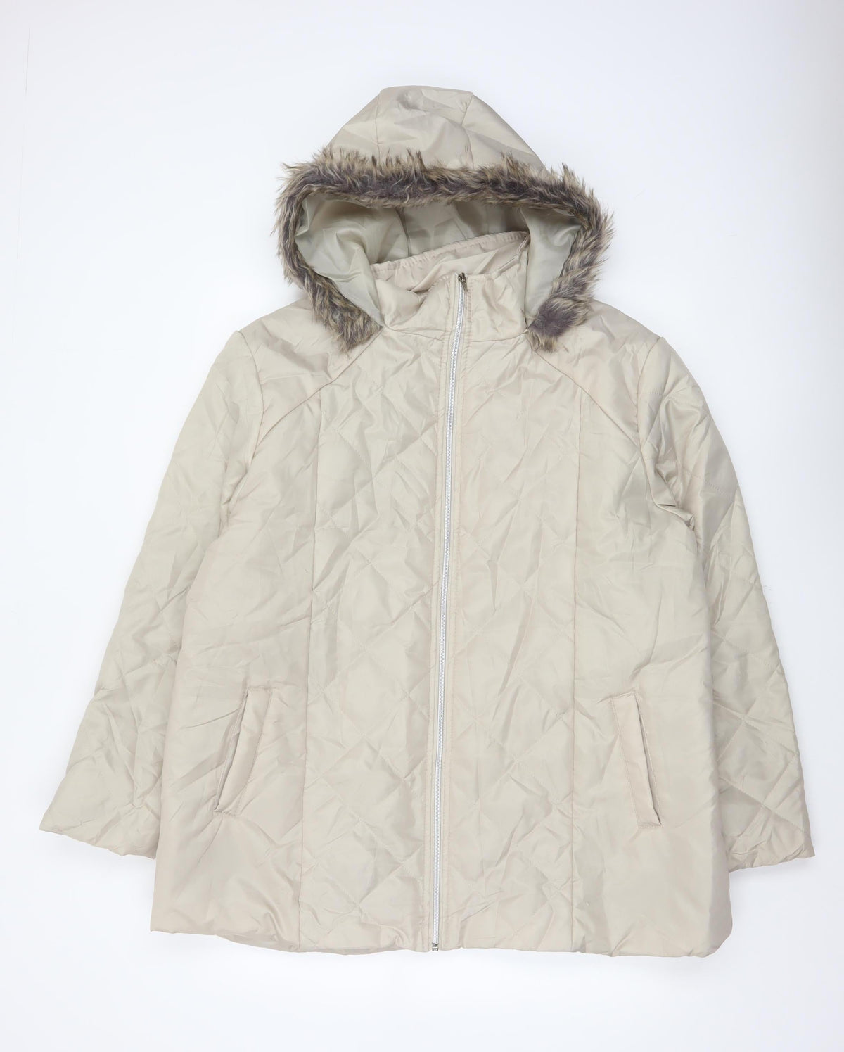 Anne De Lancay Women's Beige L Quilted Puffer Hooded Faux Fur Coat