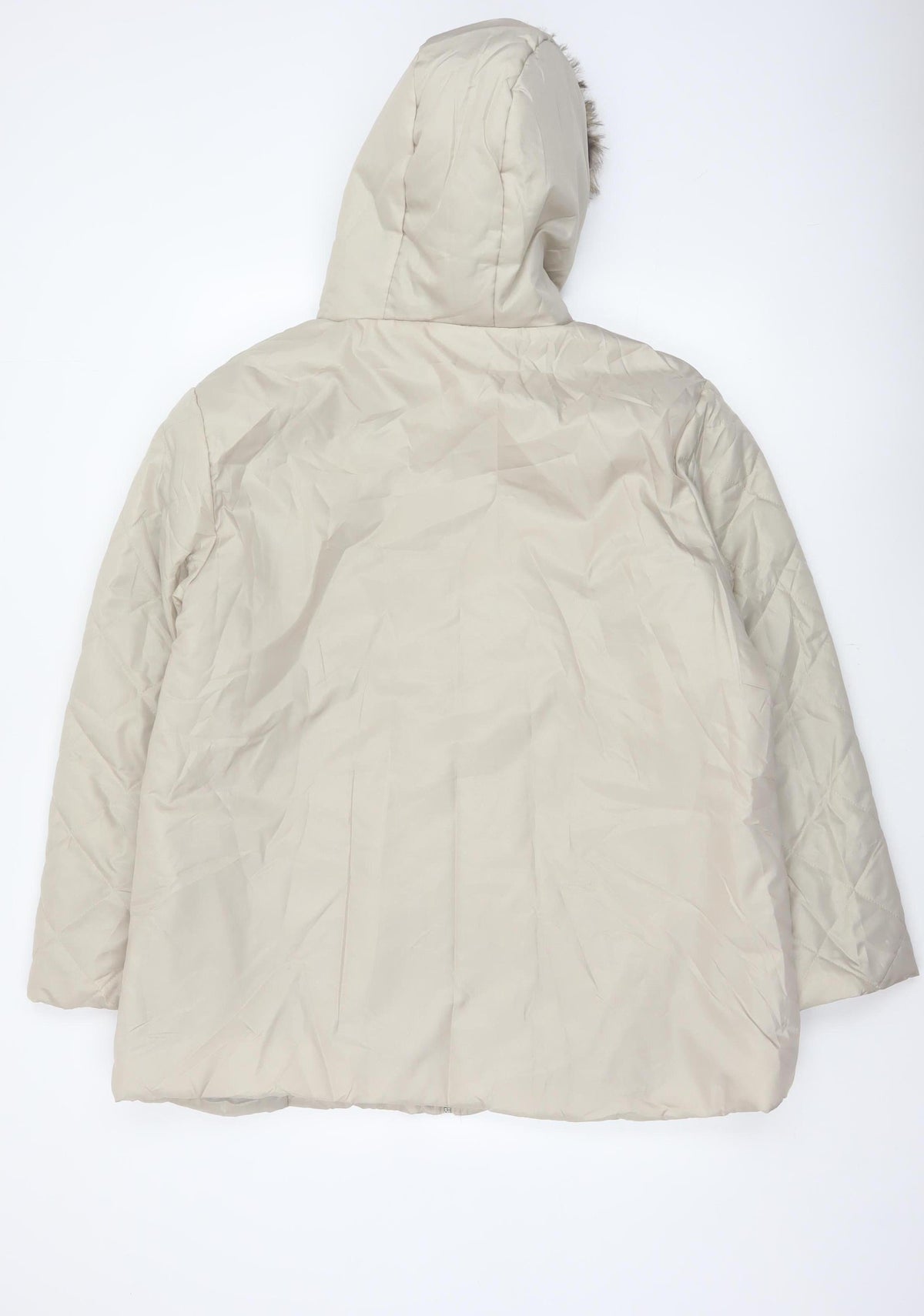 Anne De Lancay Women's Beige L Quilted Puffer Hooded Faux Fur Coat
