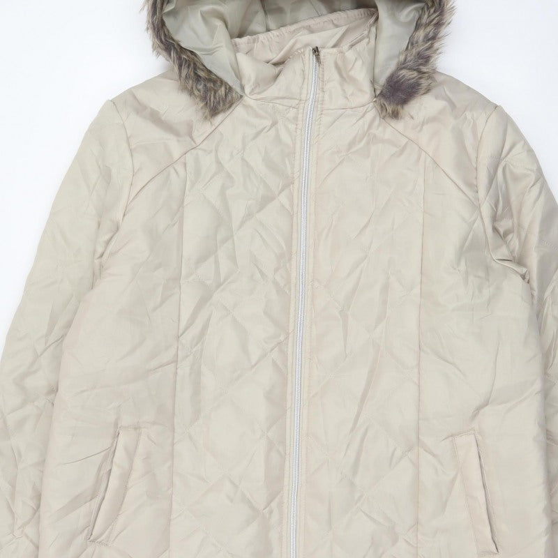 Anne De Lancay Women's Beige L Quilted Puffer Hooded Faux Fur Coat