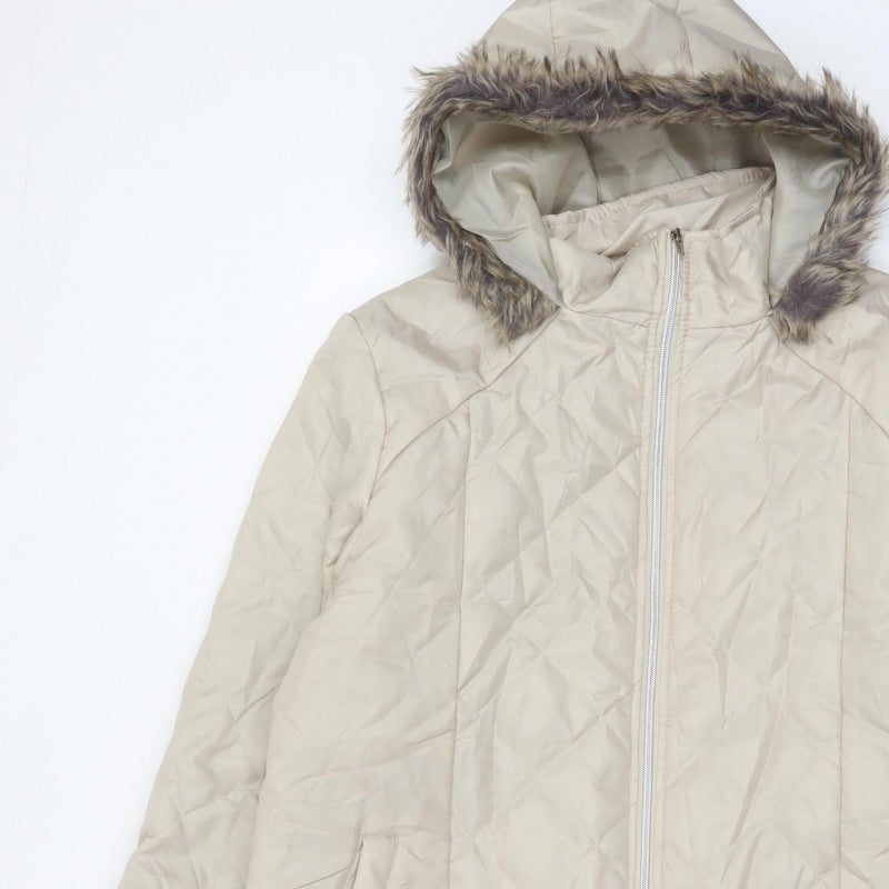 Anne De Lancay Women's Beige L Quilted Puffer Hooded Faux Fur Coat