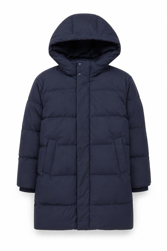Uniqlo Boys Blue 7-8 Years Long Hooded Down Puffer Coat