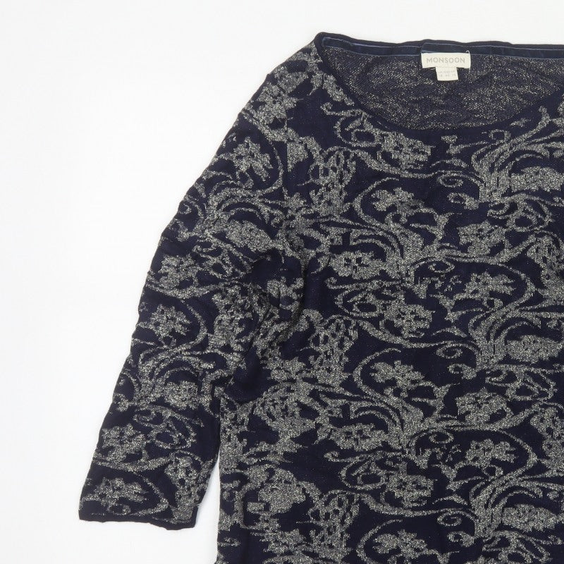 Monsoon Women’s Blue Silver Floral Glitter Knit Jumper UK 18
