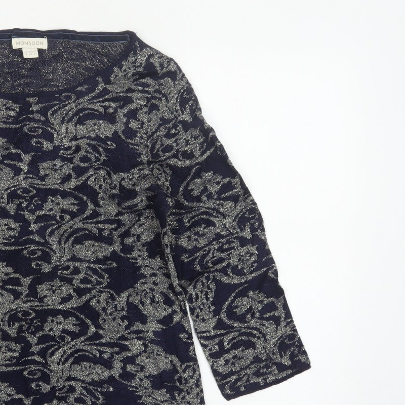 Monsoon Women’s Blue Silver Floral Glitter Knit Jumper UK 18