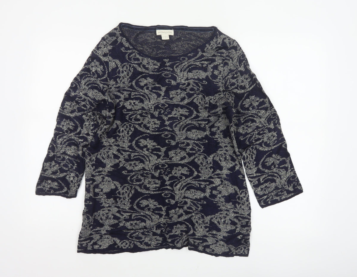 Monsoon Women’s Blue Silver Floral Glitter Knit Jumper UK 18
