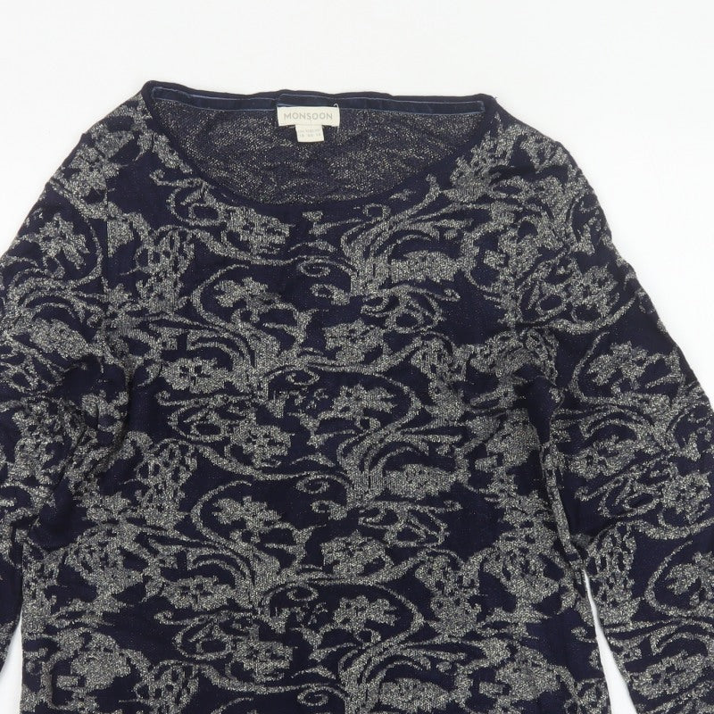 Monsoon Women’s Blue Silver Floral Glitter Knit Jumper UK 18