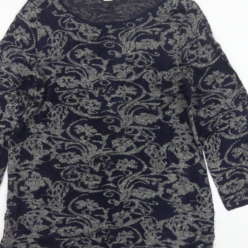 Monsoon Women’s Blue Silver Floral Glitter Knit Jumper UK 18