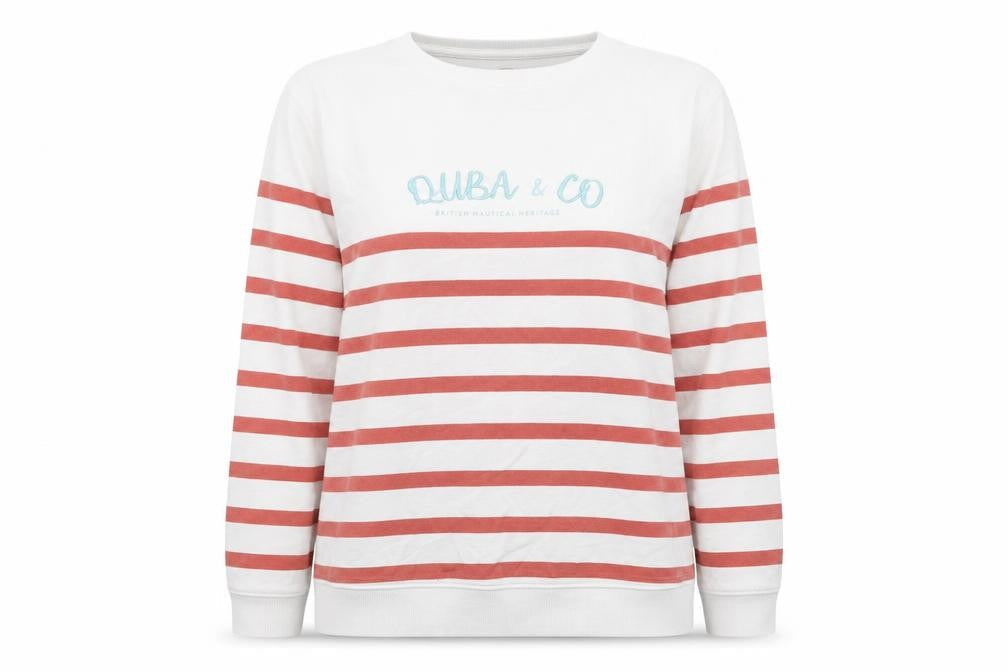 Quba & Co Women’s White Red Striped Logo Pullover Sweatshirt UK 14