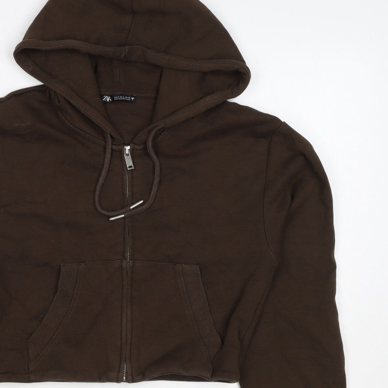 Zara Women’s Brown S Full Zip Hooded Cropped Hoodie Sweatshirt