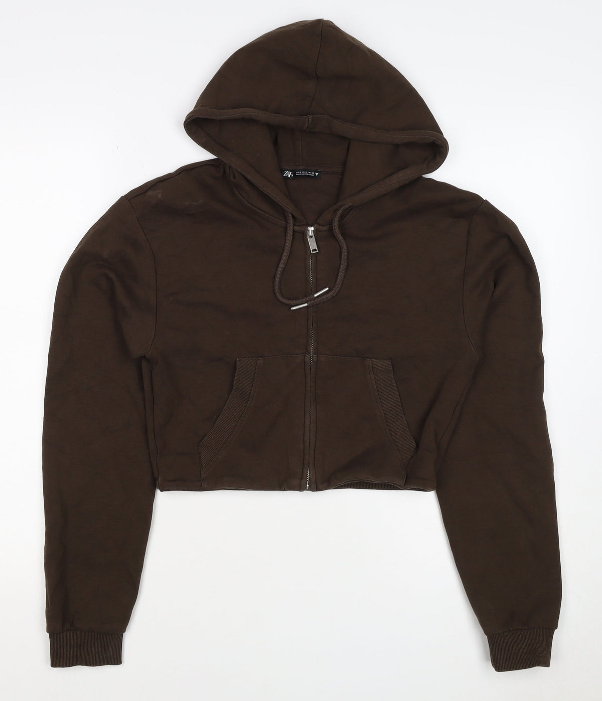 Zara Women’s Brown S Full Zip Hooded Cropped Hoodie Sweatshirt