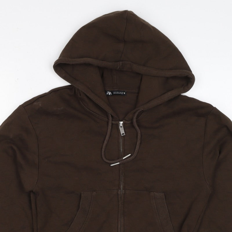 Zara Women’s Brown S Full Zip Hooded Cropped Hoodie Sweatshirt