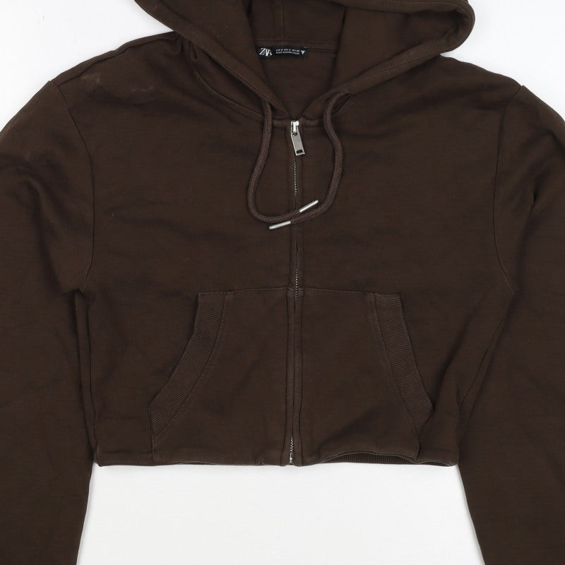 Zara Women’s Brown S Full Zip Hooded Cropped Hoodie Sweatshirt