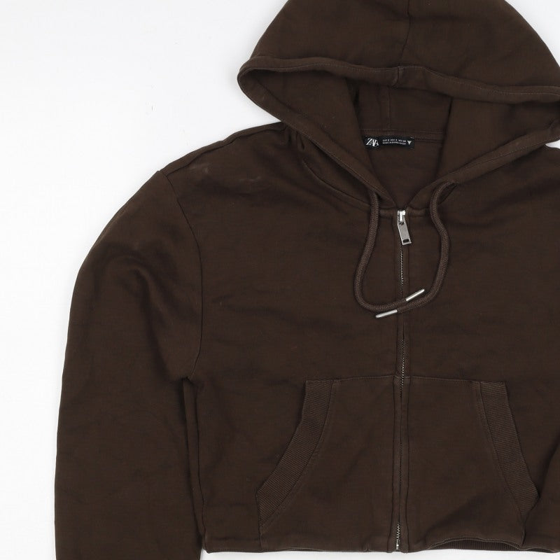 Zara Women’s Brown S Full Zip Hooded Cropped Hoodie Sweatshirt