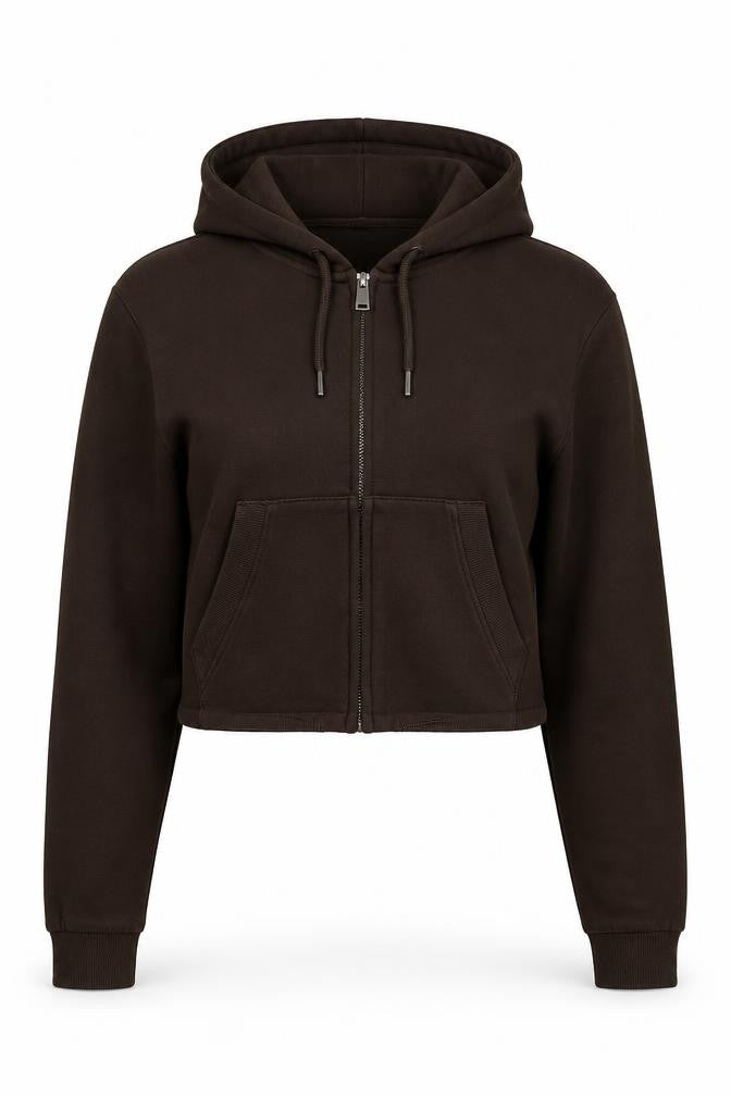 Zara Women’s Brown S Full Zip Hooded Cropped Hoodie Sweatshirt