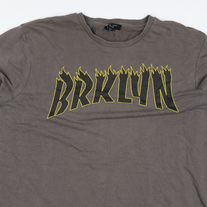 New Look Men Brown 7XL Brooklyn Graphic Print Crew Neck Pullover Jumper