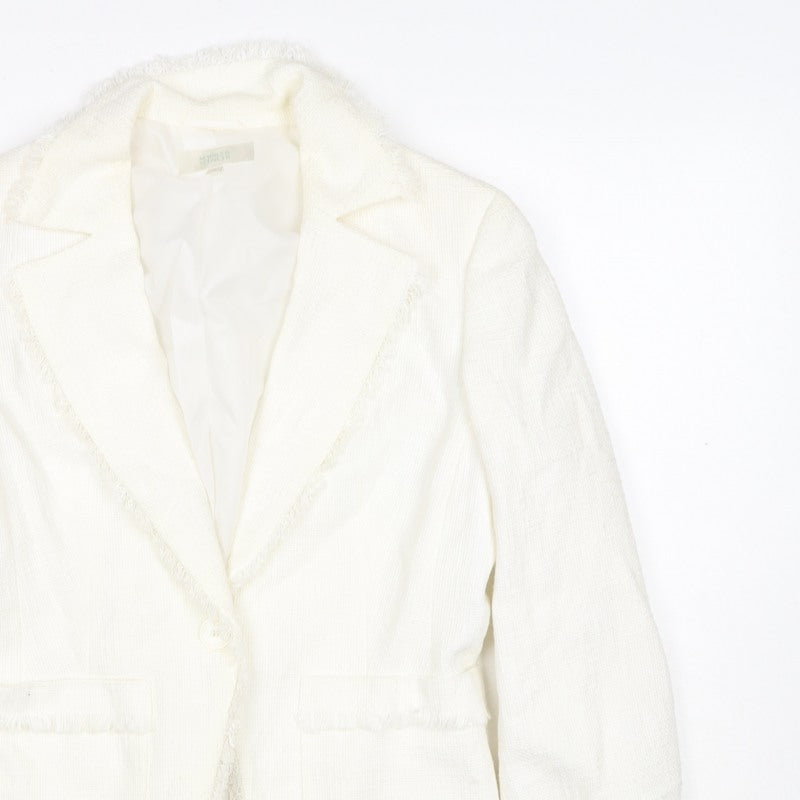 Marks and Spencer Women Ivory UK 10 Linen Blend Fringed Blazer