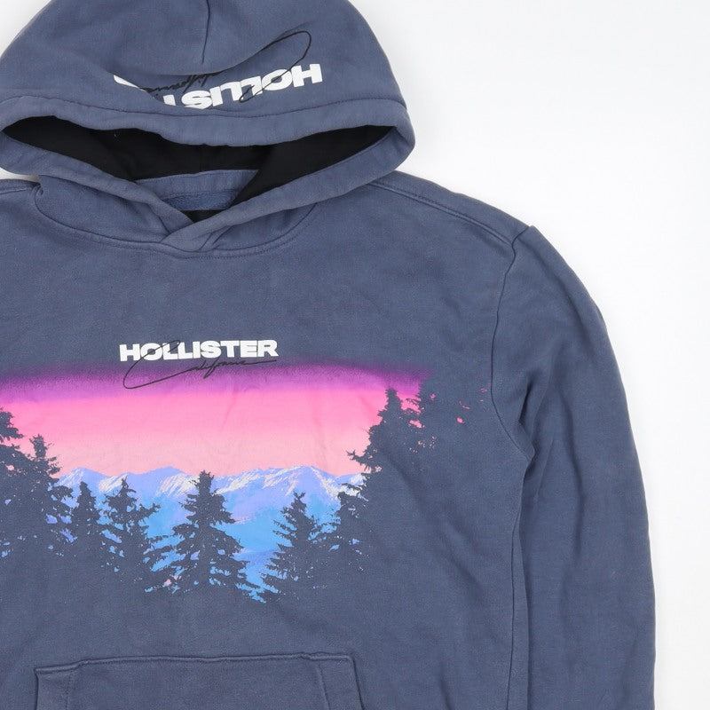Hollister Men’s Blue S Pullover Hoodie Graphic Mountain Logo Pockets