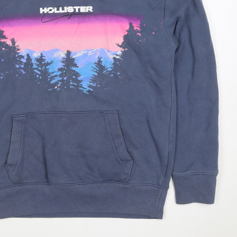 Hollister Men’s Blue S Pullover Hoodie Graphic Mountain Logo Pockets