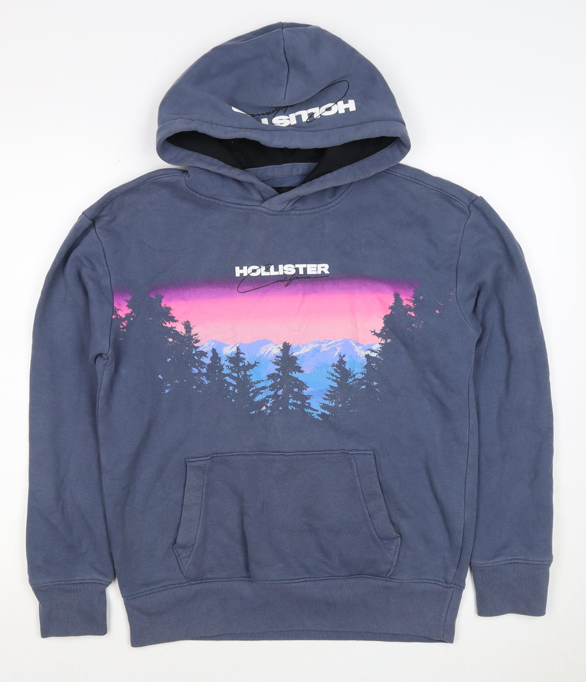 Hollister Men’s Blue S Pullover Hoodie Graphic Mountain Logo Pockets