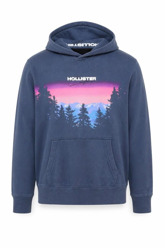 Hollister Men’s Blue S Pullover Hoodie Graphic Mountain Logo Pockets