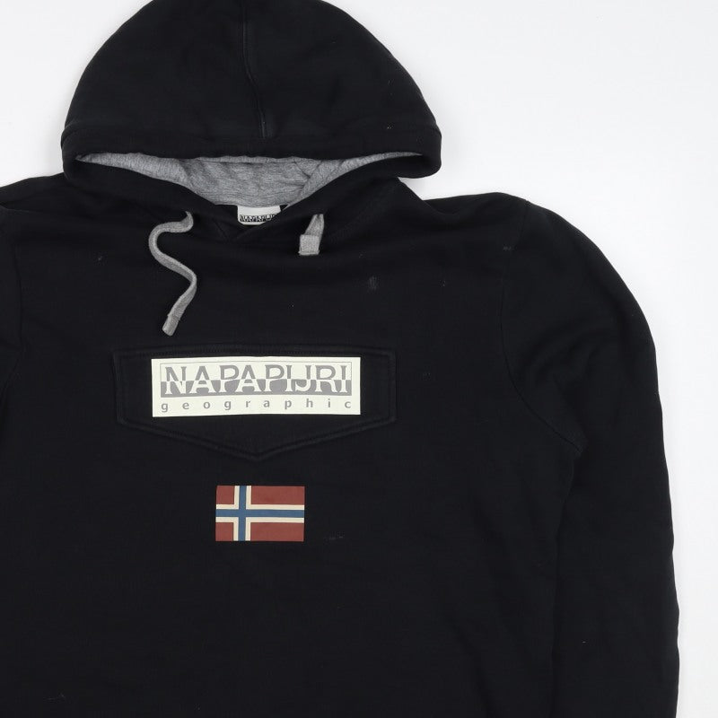 Napapijri Men’s Black L Pullover Hoodie Logo Flag Graphic