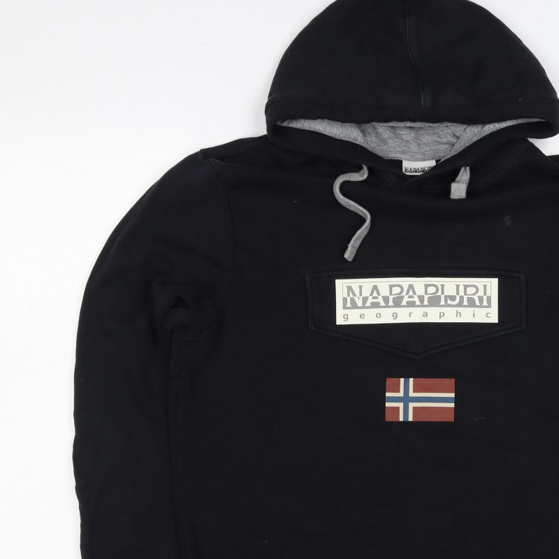 Napapijri Men’s Black L Pullover Hoodie Logo Flag Graphic