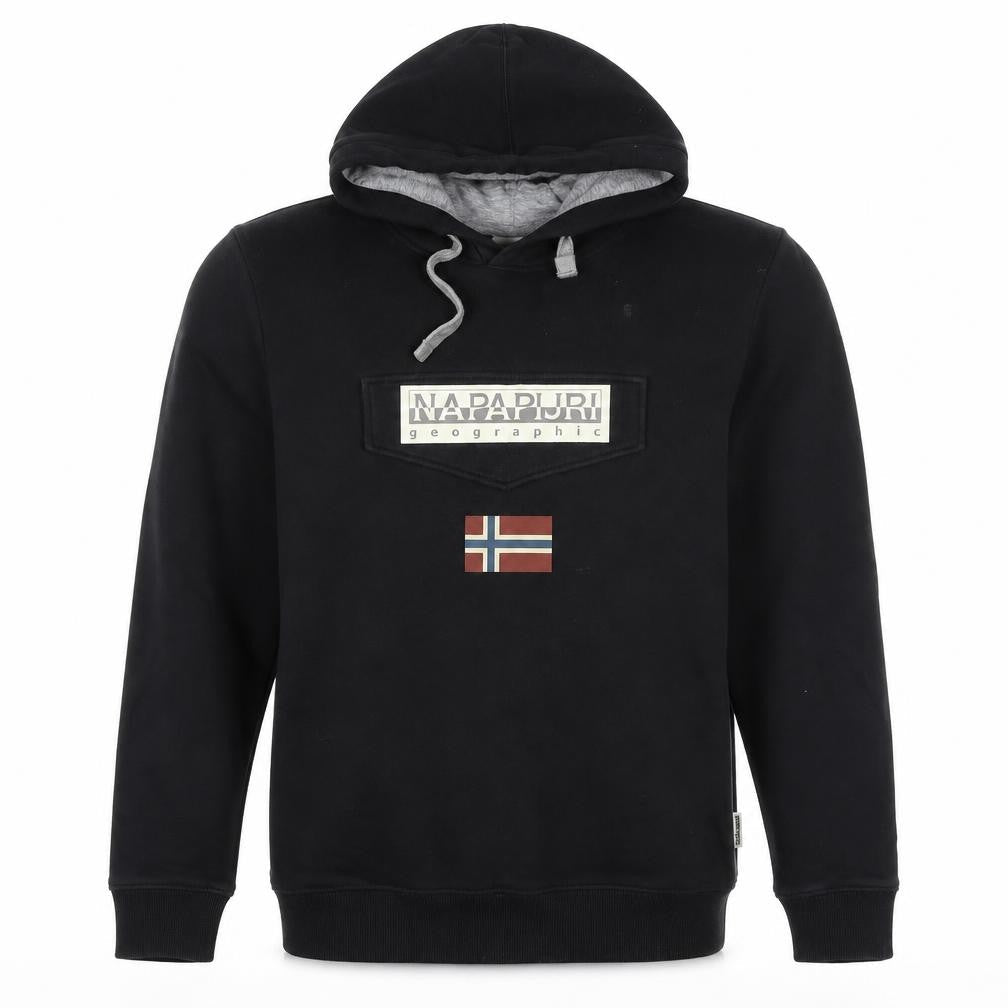 Napapijri Men’s Black L Pullover Hoodie Logo Flag Graphic