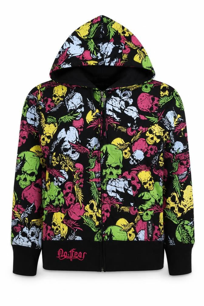 No Fear Women’s Multicoloured Skull Full Zip Hoodie UK 8 Gothic