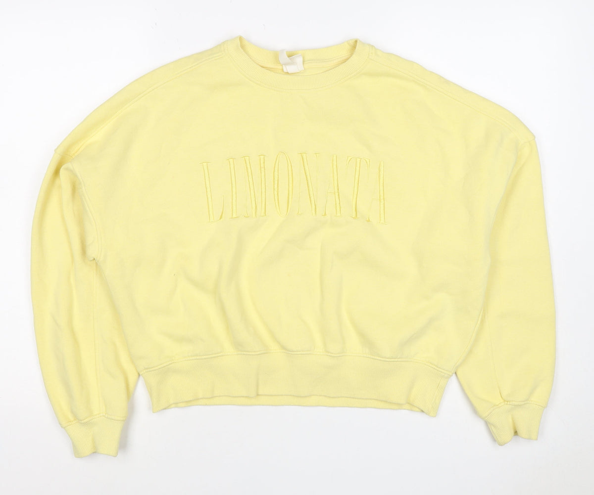 H&M Women Yellow S Pullover Sweatshirt Embroidered Logo Crew Neck