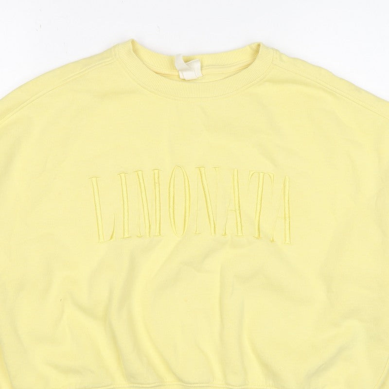 H&M Women Yellow S Pullover Sweatshirt Embroidered Logo Crew Neck