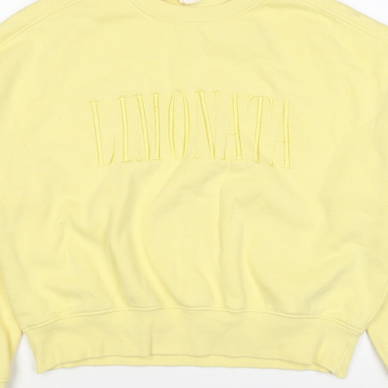 H&M Women Yellow S Pullover Sweatshirt Embroidered Logo Crew Neck