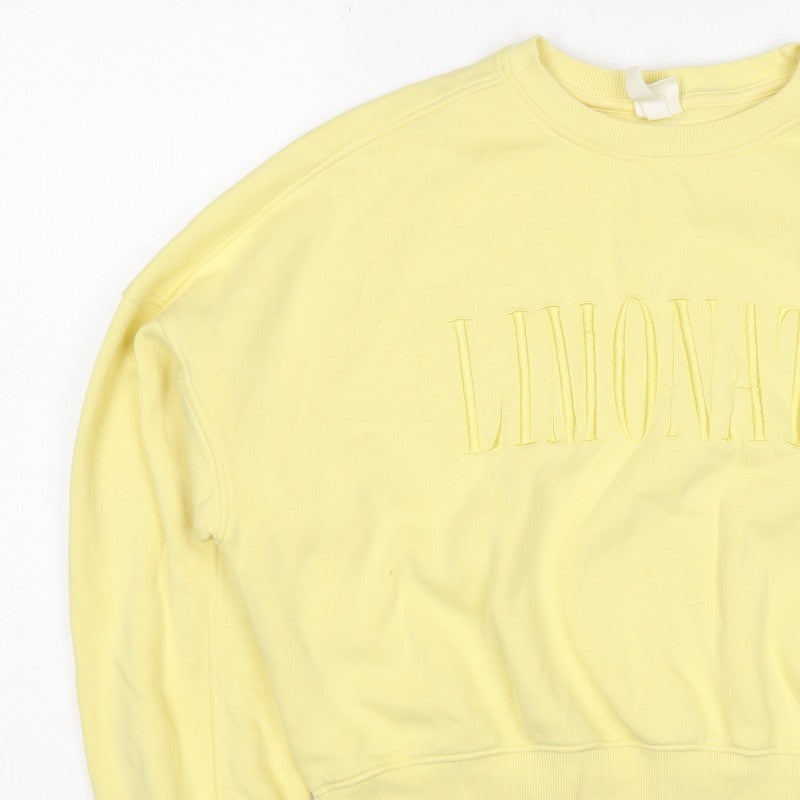 H&M Women Yellow S Pullover Sweatshirt Embroidered Logo Crew Neck
