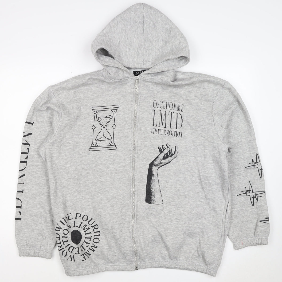 boohooMAN Men’s Grey S Full Zip Graphic Print Hoodie Gothic