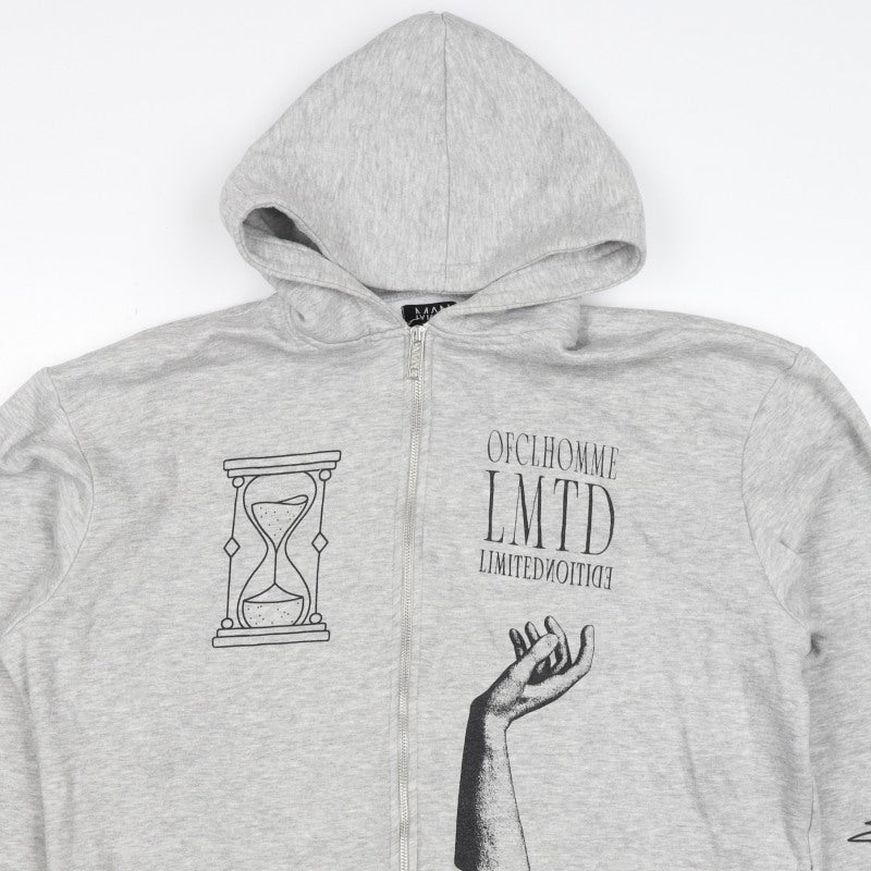boohooMAN Men’s Grey S Full Zip Graphic Print Hoodie Gothic