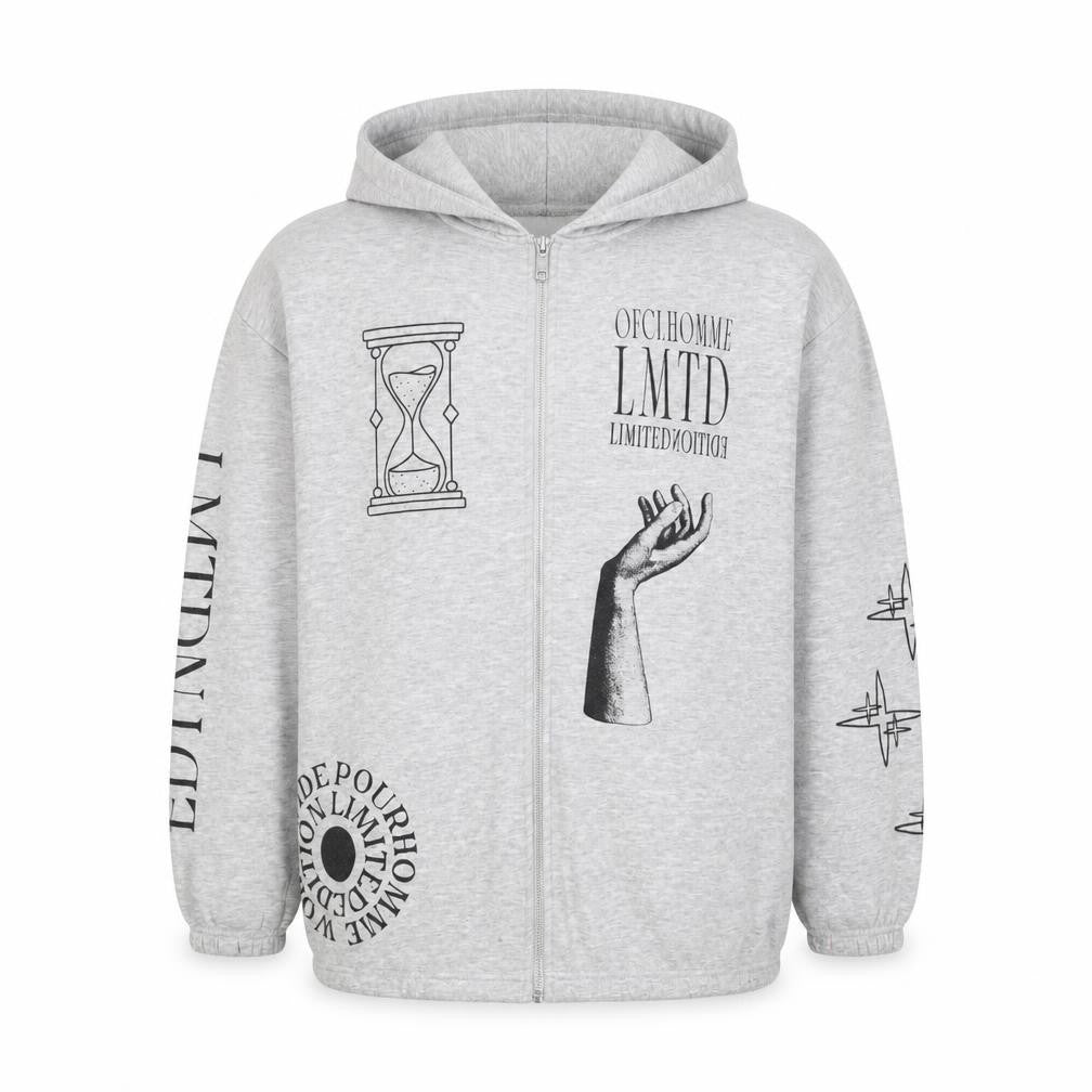 boohooMAN Men’s Grey S Full Zip Graphic Print Hoodie Gothic