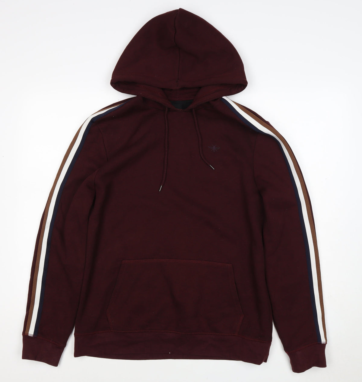 River Island Men’s Burgundy M Pullover Hoodie Striped Sleeves Embroidered
