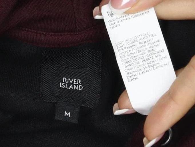 River Island Men’s Burgundy M Pullover Hoodie Striped Sleeves Embroidered