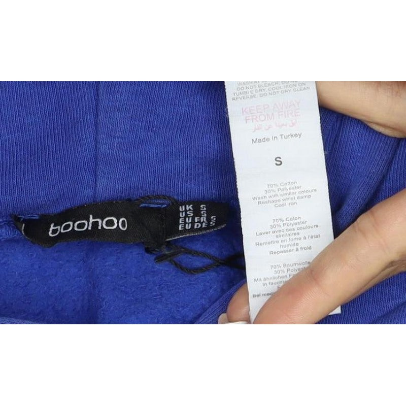 Boohoo Women Blue S Pullover Hoodie Logo Kangaroo Pocket Cotton Blend