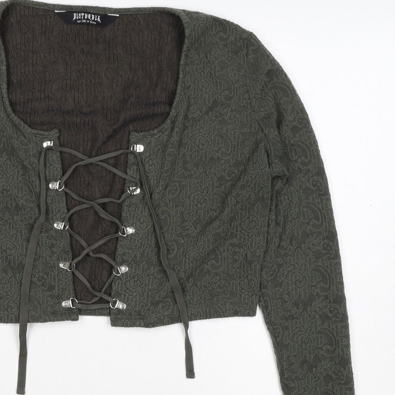 Disturbia Women Green UK 4 Cropped Gothic Floral Lace Up Blouse