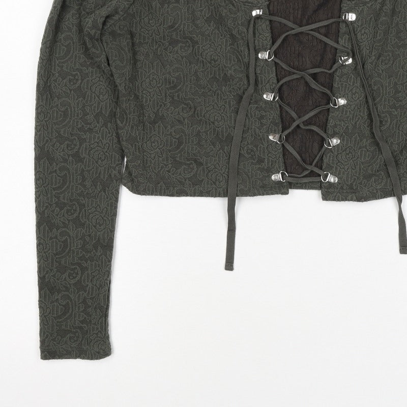 Disturbia Women Green UK 4 Cropped Gothic Floral Lace Up Blouse