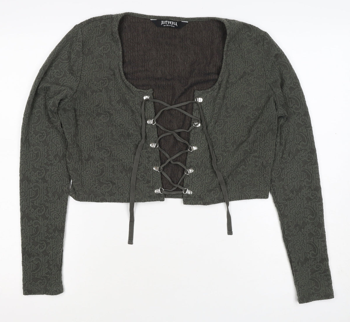 Disturbia Women Green UK 4 Cropped Gothic Floral Lace Up Blouse
