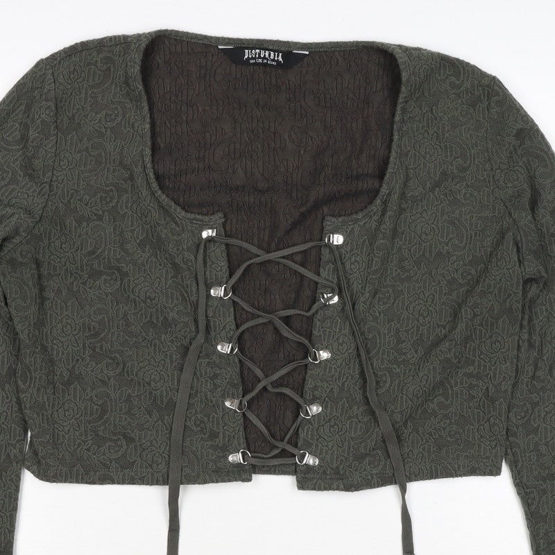 Disturbia Women Green UK 4 Cropped Gothic Floral Lace Up Blouse