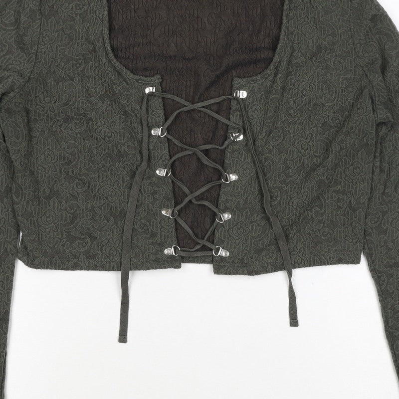Disturbia Women Green UK 4 Cropped Gothic Floral Lace Up Blouse