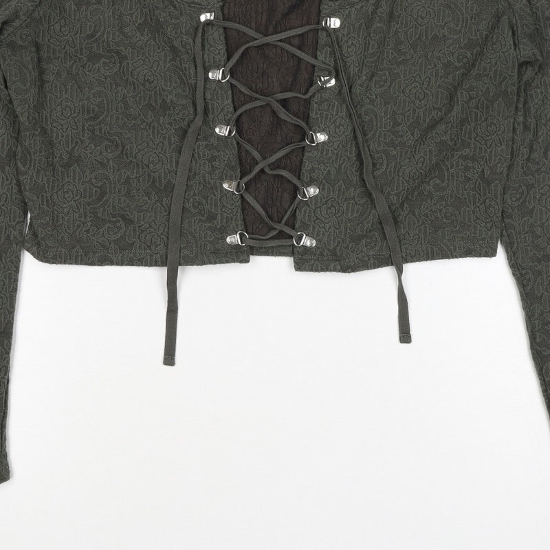 Disturbia Women Green UK 4 Cropped Gothic Floral Lace Up Blouse