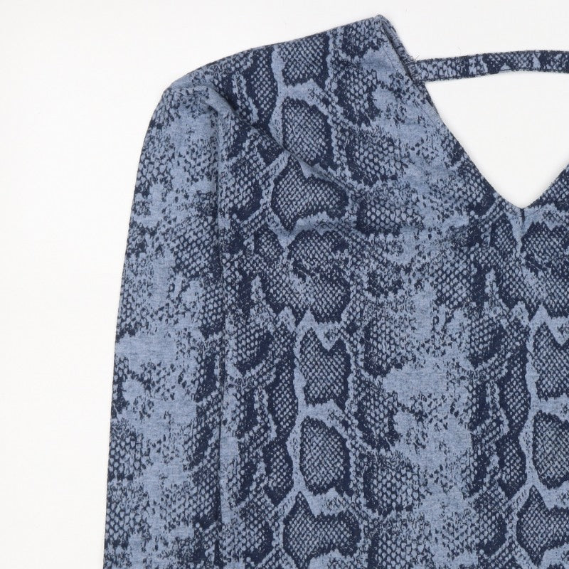 Next Women’s Blue Snake Print V-Neck Keyhole Jersey Blouse UK 14