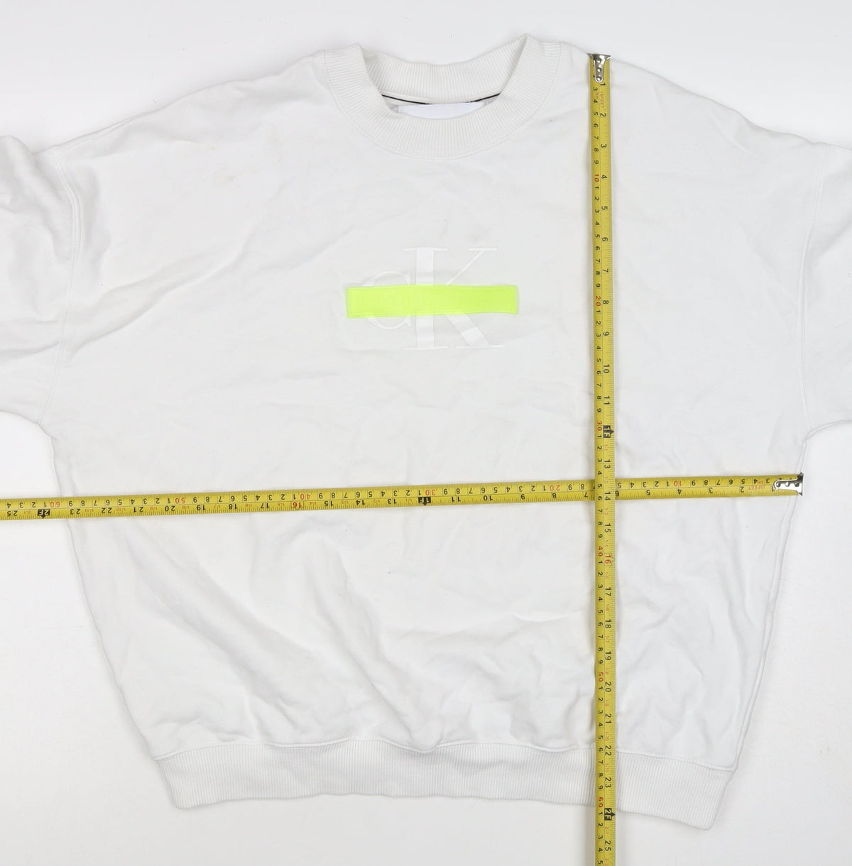 Calvin Klein Jeans Men White M Crew Neck Logo Sweatshirt Neon Stripe