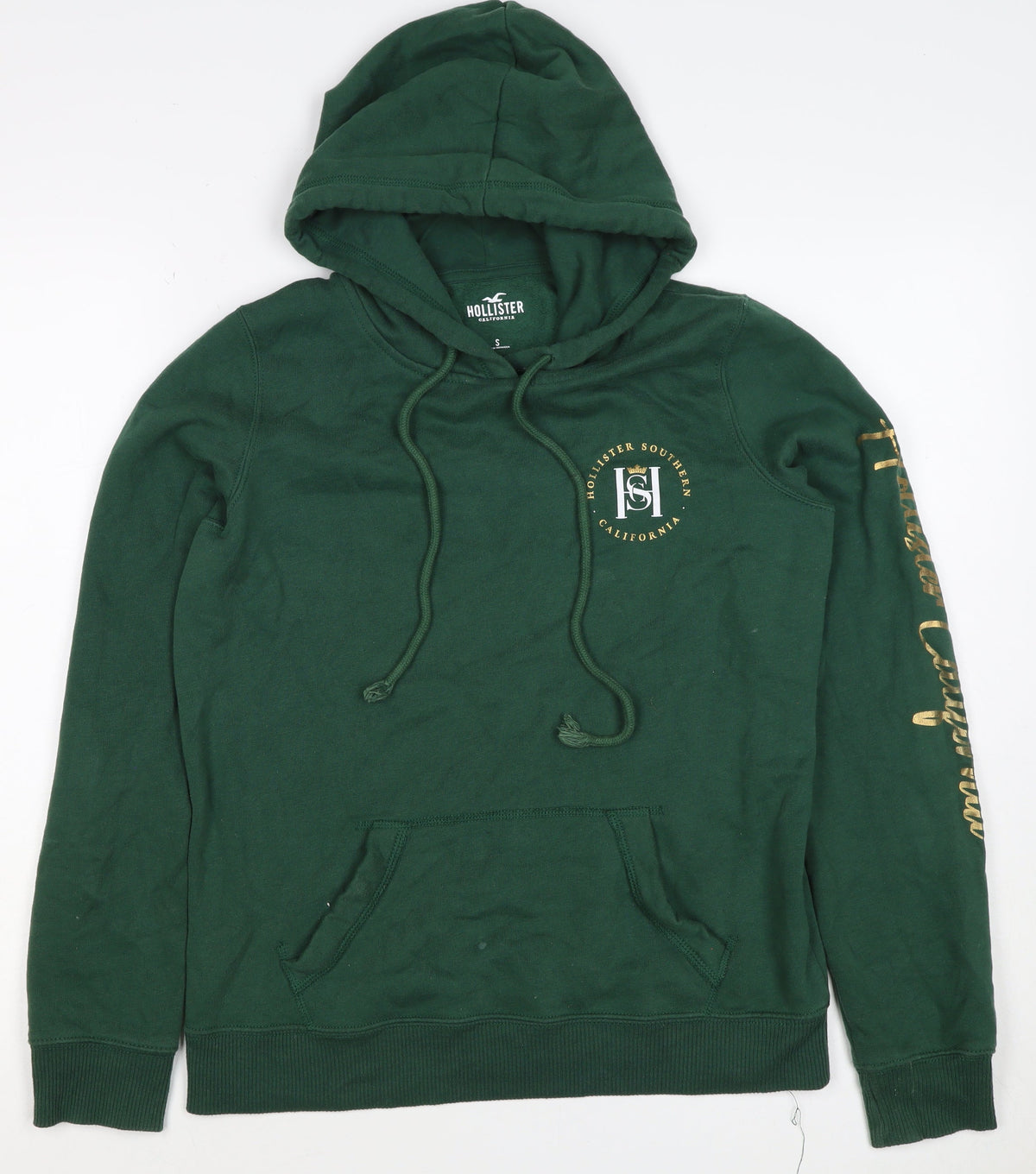 Hollister Men Green S Pullover Hoodie Logo Pocket Cotton Blend